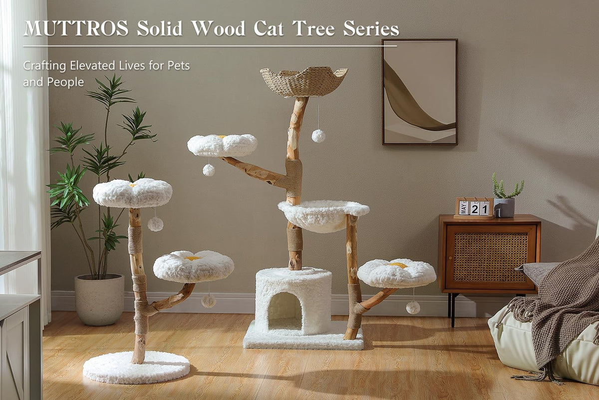 Wood Flower Cat Tree, Modern Cat Tower with Real Wood Branches, Luxury Boho Furniture with