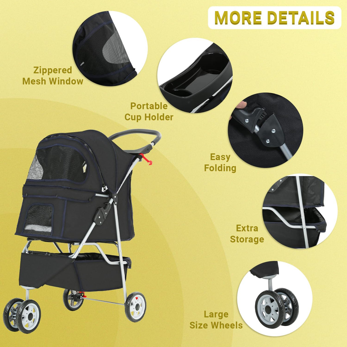 Pet Stroller Dog Stroller Portable Travel 3 Wheel Foldable Cat Stroller with Storage Basket and Cup
