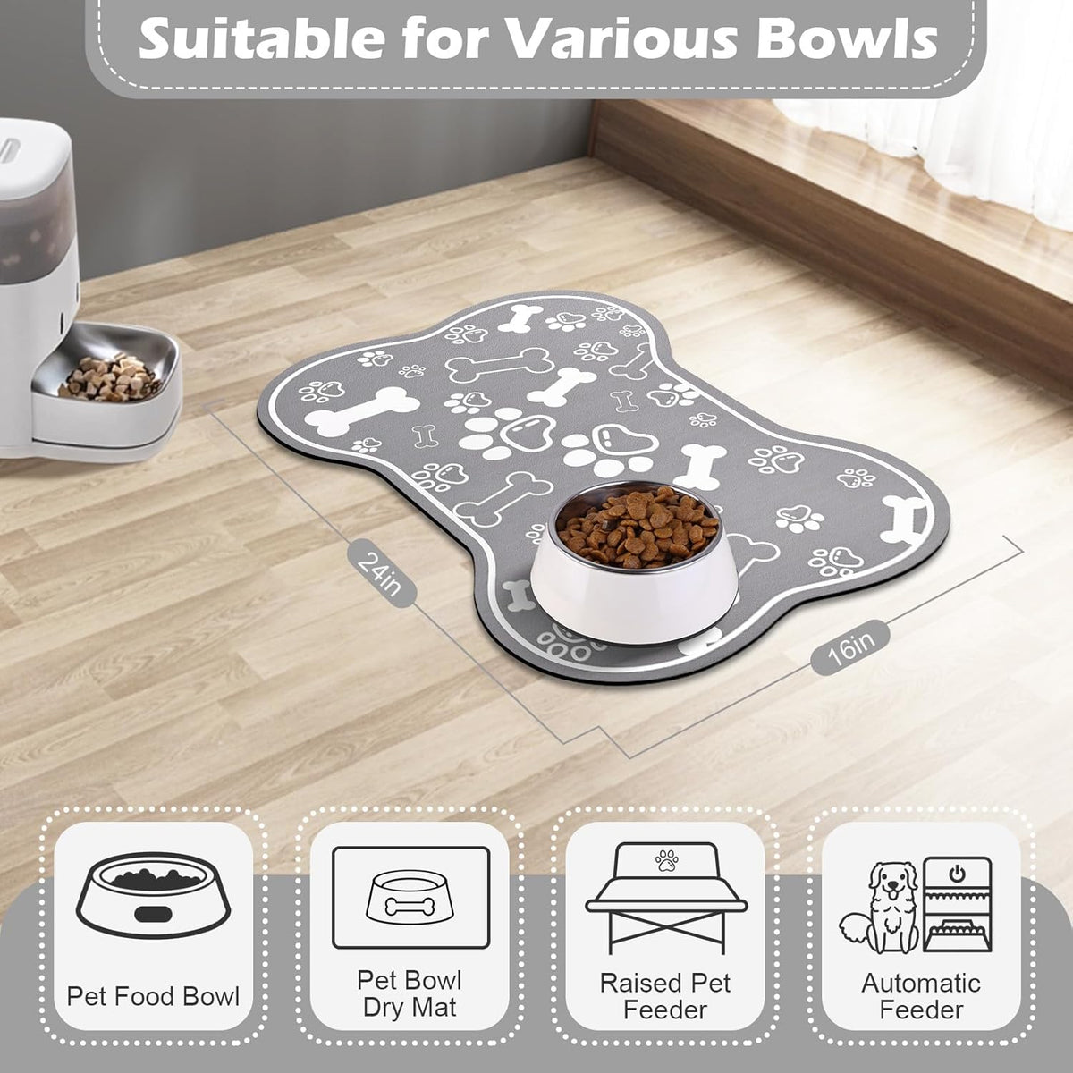 Dog Cat Food Mat,Rapid Absorbent Pet Feeding Mat, Bone Shaped Dog Placemat Water Bowl Mat with