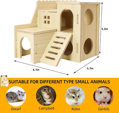 Tiny Hamster Maze Wood House with Slide House, Hamster Hideout Cage Accessories, for Dwarf Gerbils