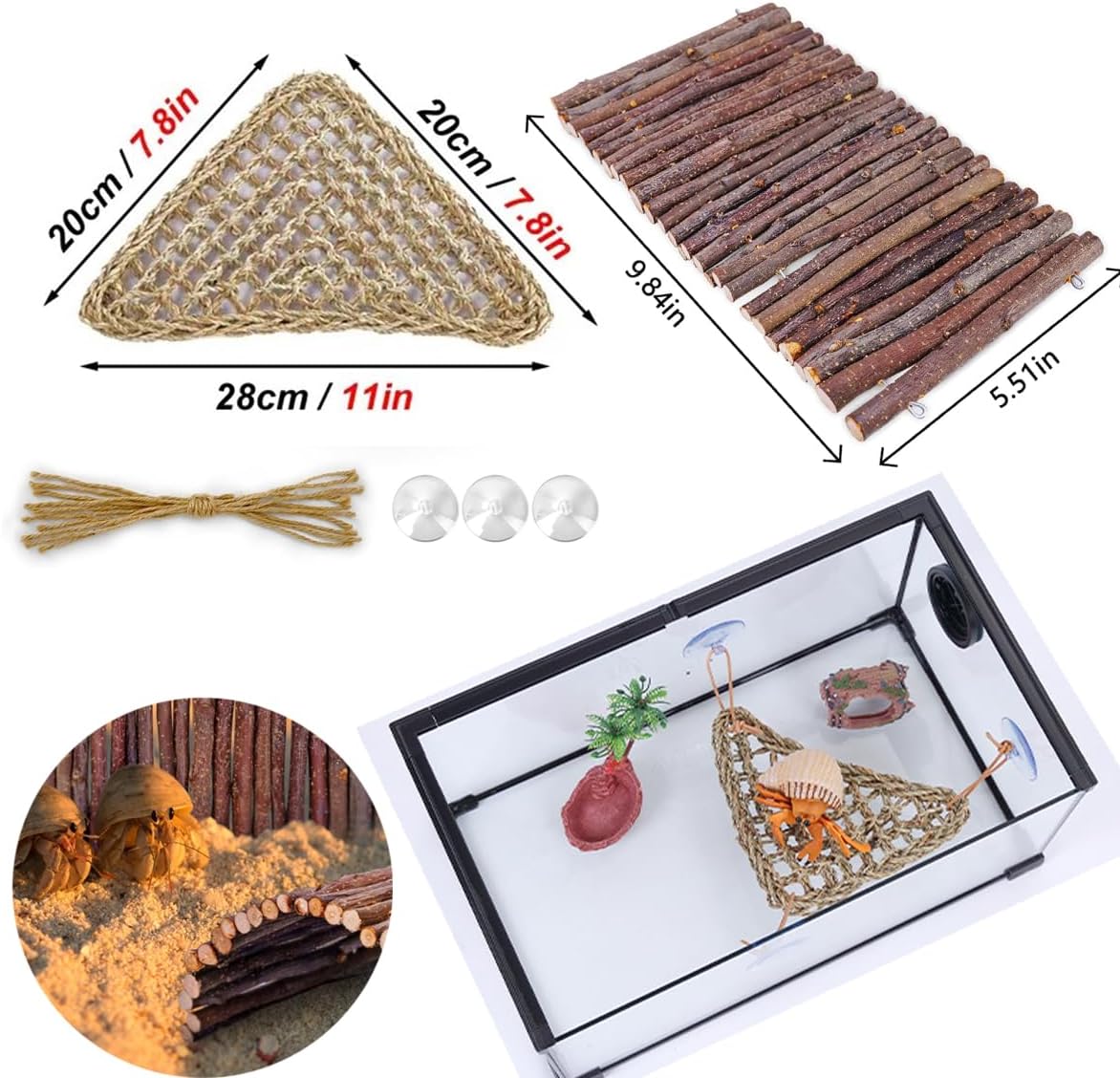 Bearded Dragon Tank Accessories Set: Reptile Habitat Decor with Climbing Hammock Toys, Natural Wood