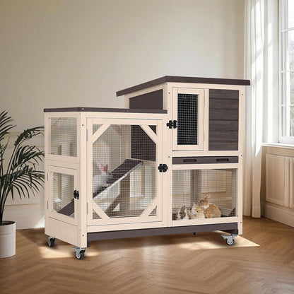 Rabbit Hutch Indoor for 2-4 Rabbits & Guinea Pigs，Bunny Cage with Slide-Out Plastic Trays，Wooden