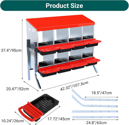 Chicken Nesting Box, 8 Hole 2 Layer Hen Nest Boxes with Legs, Roll Away Eggs Laying Boxes,Cleanable