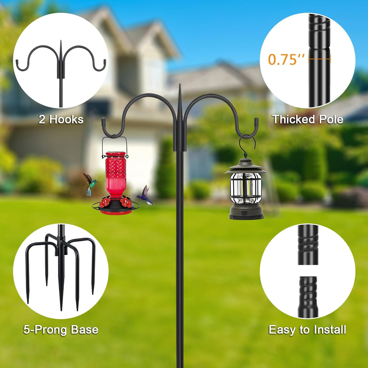 FEED GARDEN Adjustable Double Shepherds Hook for Outdoor with 5 Prong Base 92 Inch Heavy Duty Two