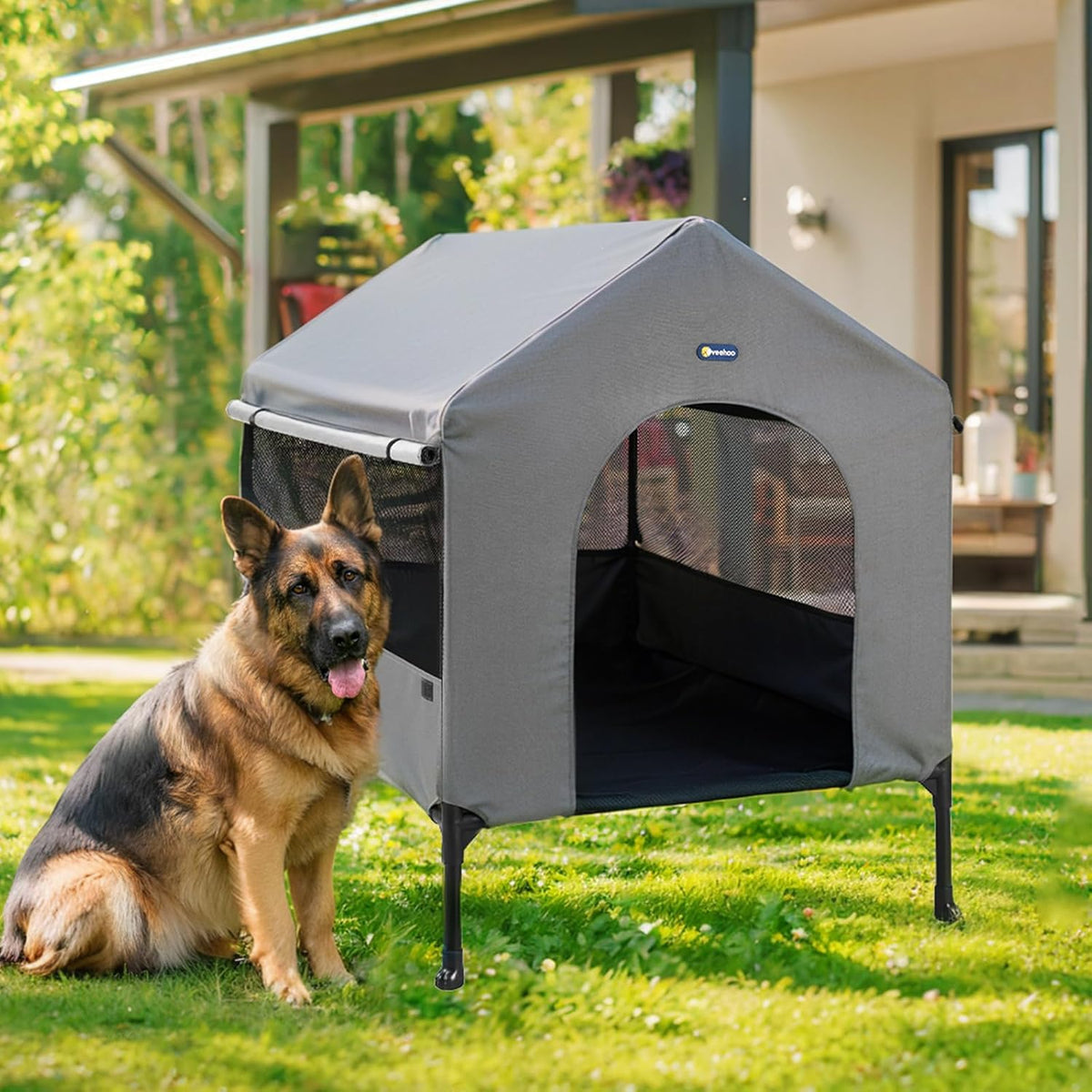 Veehoo 41" Dog House, 2-in-1 Large Dog House Outdoor Indoor Weatherproof, Outside Elevated Dog Cot