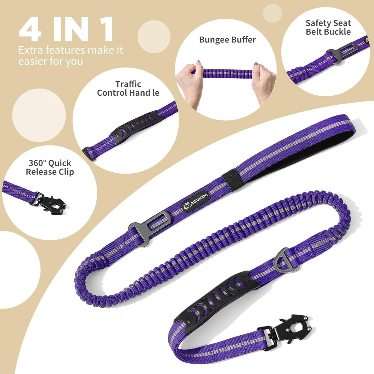 Heavy Duty Bungee Dog Leashes, 4-6FT Shock Absorbing Tactical Dog Leash with 2 Padded Handles