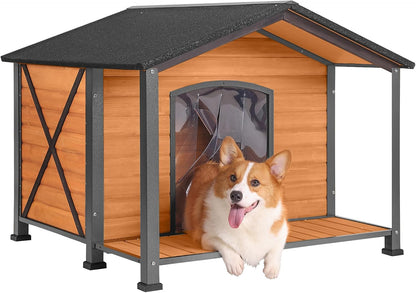 Aivituvin Dog House with Anti-Chewing Metal Frame Outdoor Large Wooden Dog Kennel Outside with
