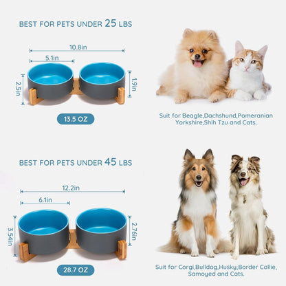 SPUNKYJUNKY Ceramic Dog and Cat Bowl Set with Wooden Stand, Modern Cute Weighted Food Water Set for