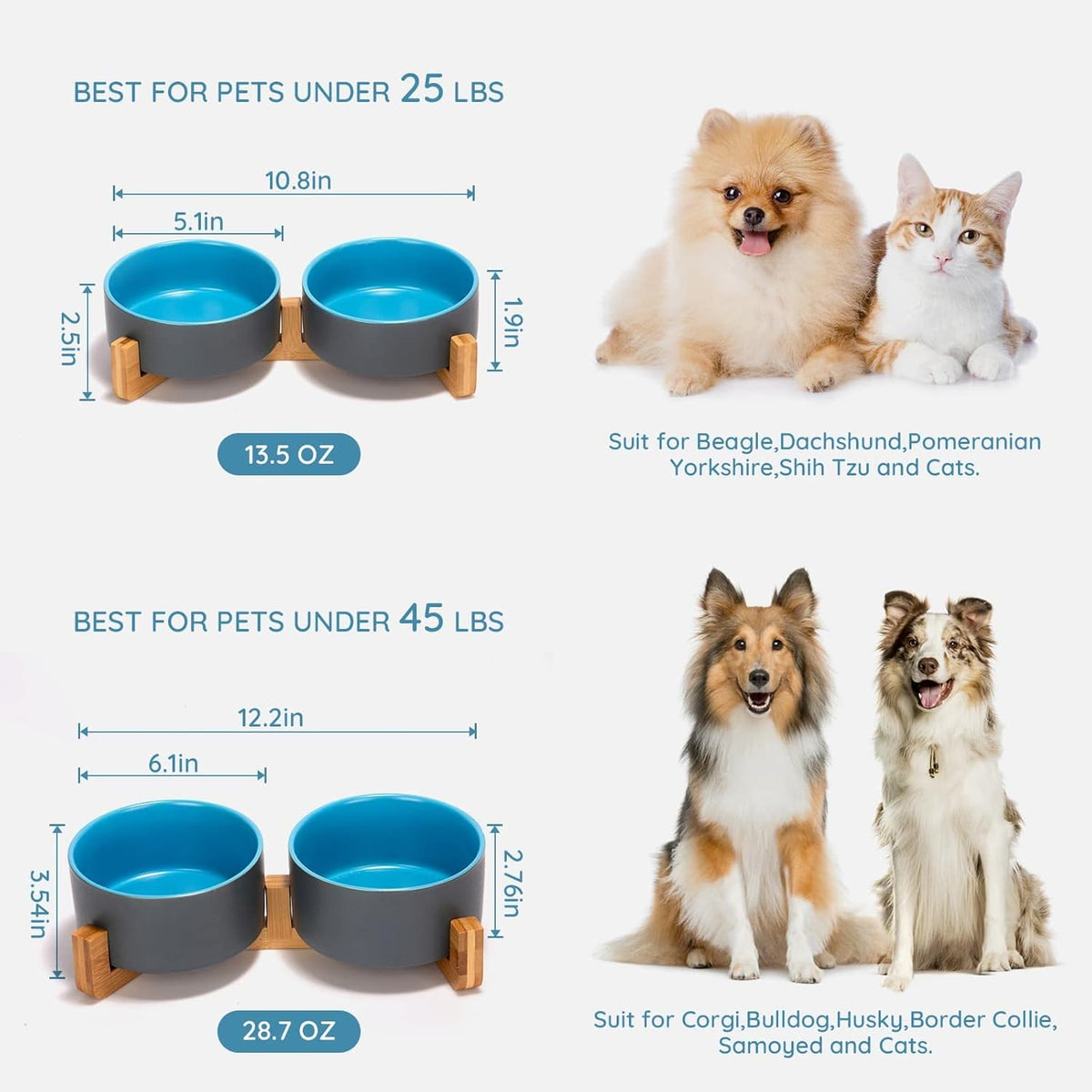SPUNKYJUNKY Ceramic Dog and Cat Bowl Set with Wooden Stand, Modern Cute Weighted Food Water Set for