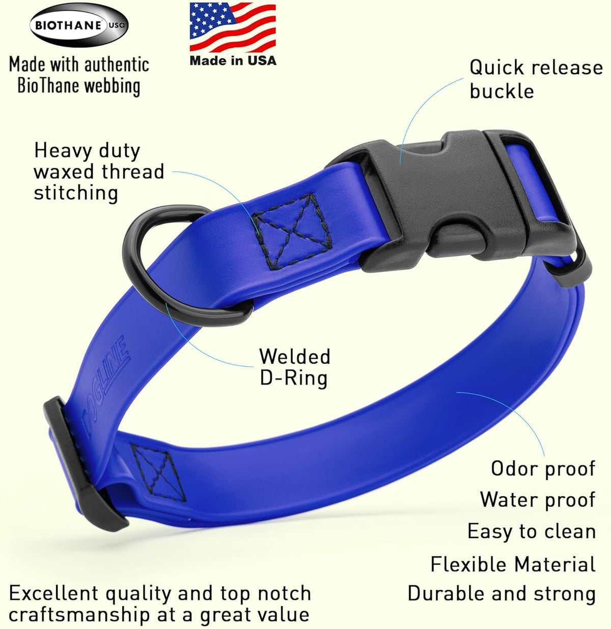 Dogline Biothane Waterproof Dog Collar with Quick Release Buckle Strong Coated Nylon Webbing with