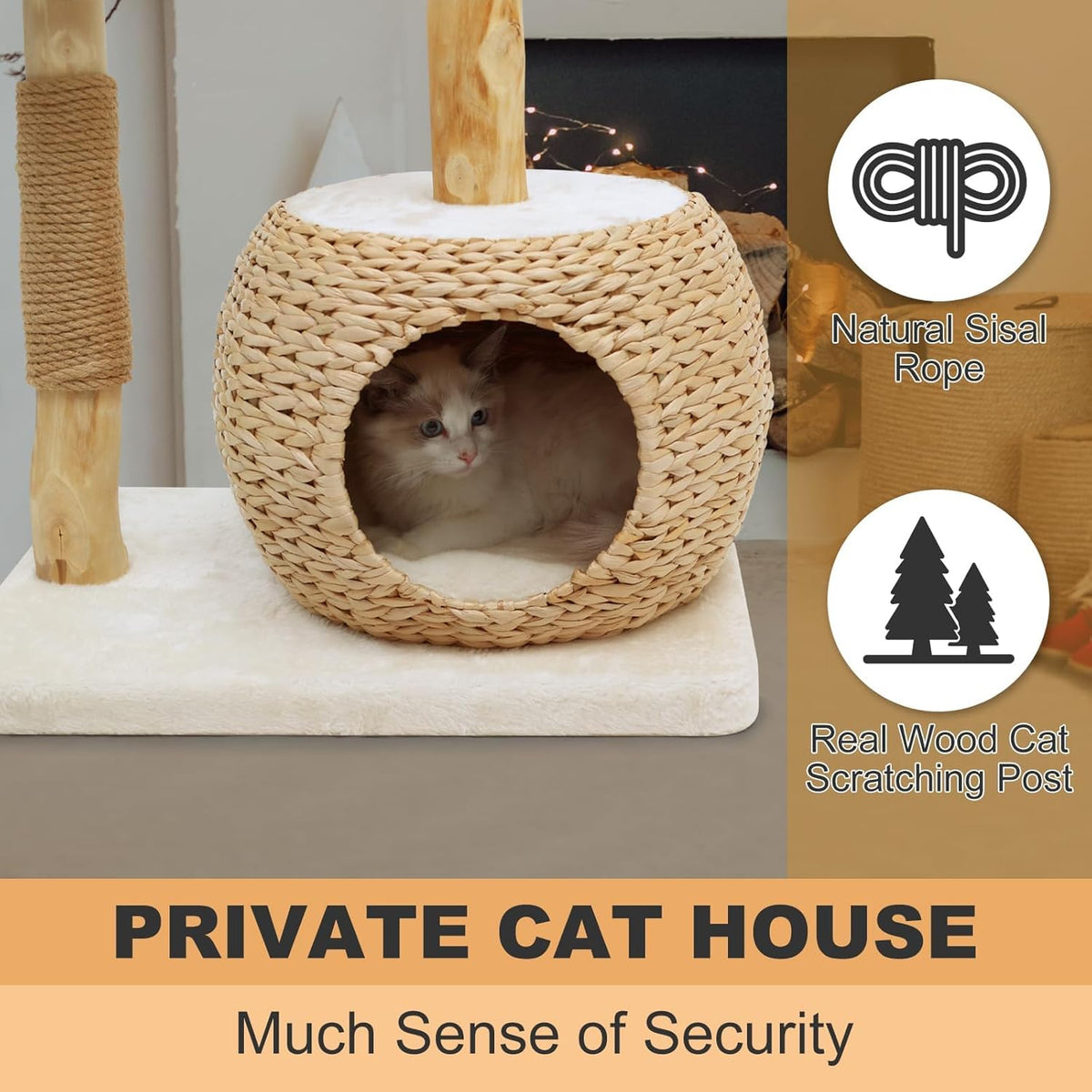 Modern Cat Tree Tower for Indoor Cats, Real Branch Luxury Cat Condo with Scratching Post, Jumping