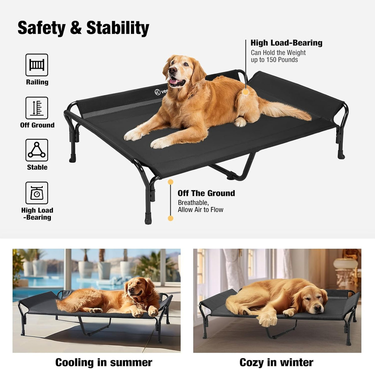 Veehoo Cooling Elevated Dog Bed, XL Raised Pet Cot with Guardrail & Slope Headrest, Durable