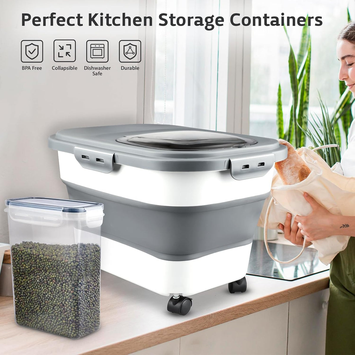 Rice Storage Containers, Collapsible 20 to 30Lbs Food Storage Bin Dispenser with Rolling Wheel and