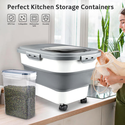 Rice Storage Containers, Collapsible 20 to 30Lbs Food Storage Bin Dispenser with Rolling Wheel and