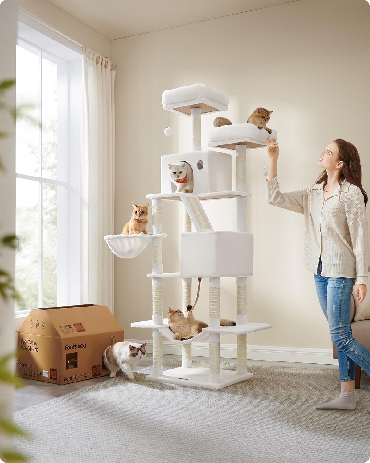Feandrea Cat Tree, 81.1-Inch Large Cat Tower with 13 Scratching Posts, 2 Perches, 2 Caves, Basket