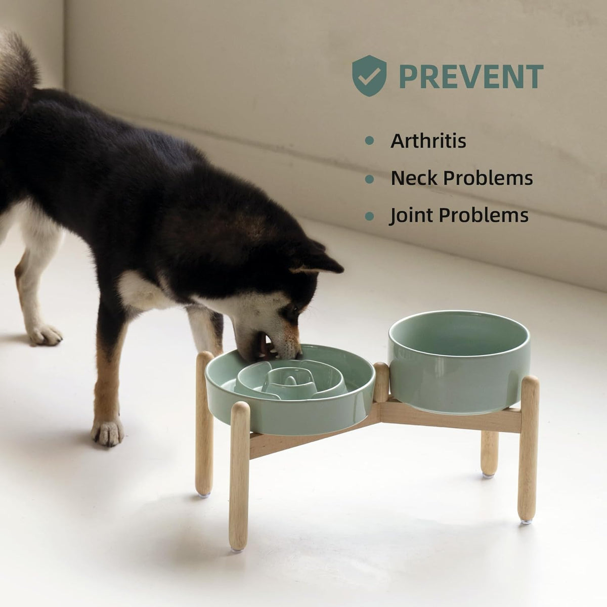 Ceramic Raised Slow Feeder Dog Bowl Set, Elevated 7.3inch Bowl and 8.2inch Puzzle Slow Dish with