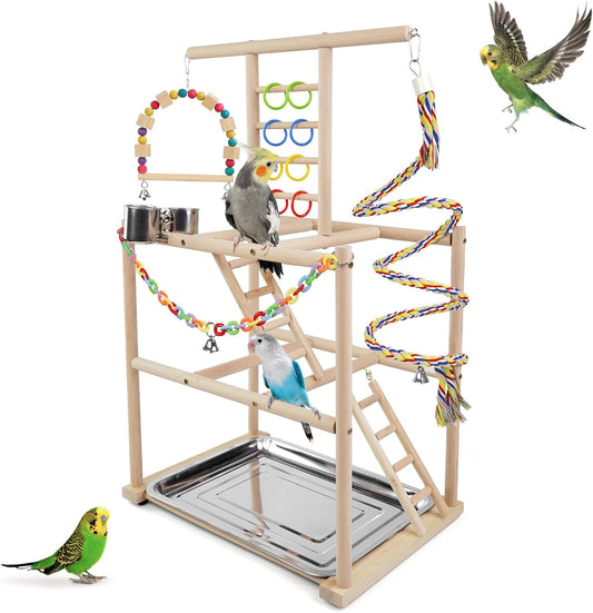 Bird Playground, Parrots Playstand for Small to Medium Birds, Perch Stand with 3 Ladders Playgym