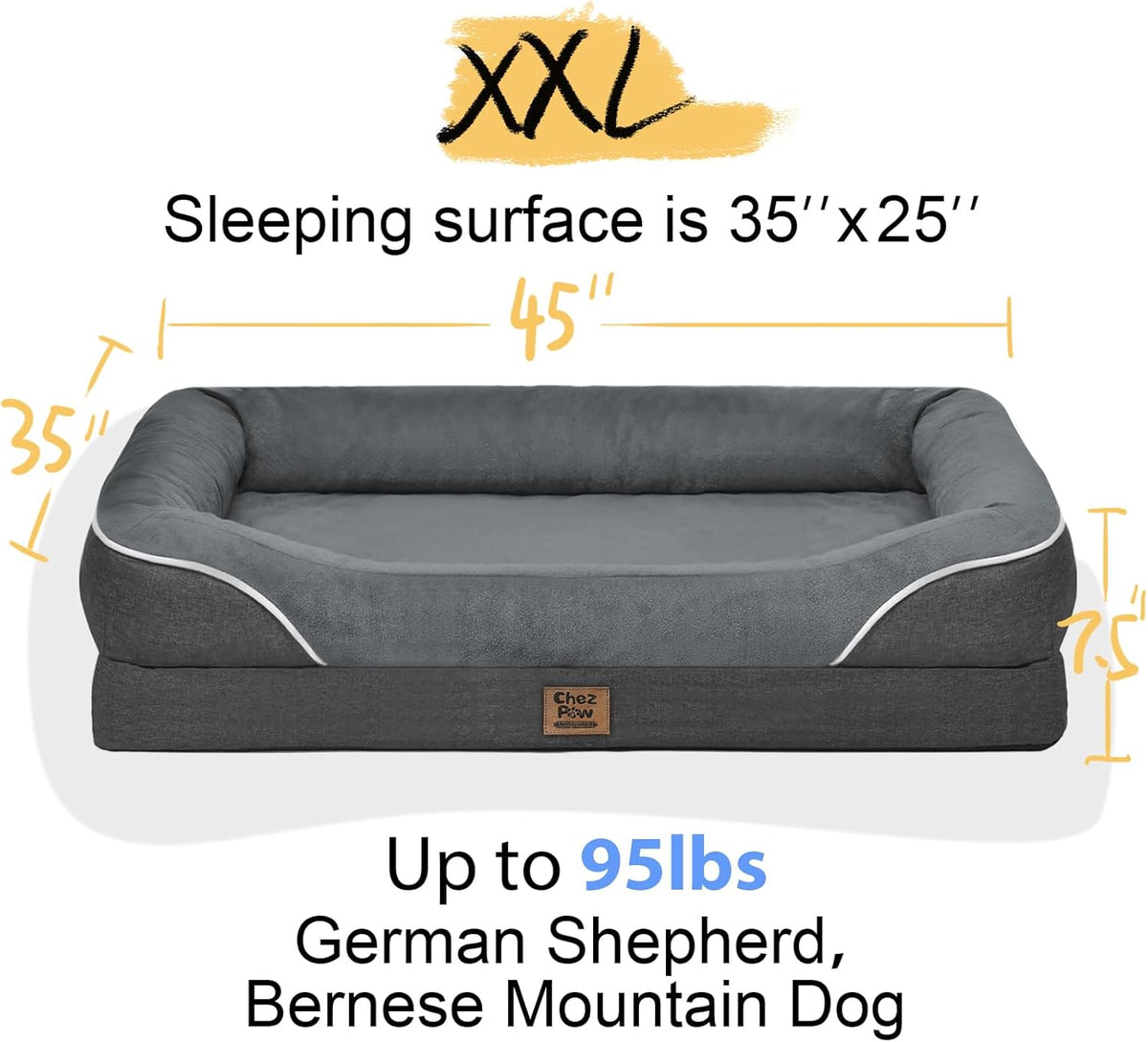 Washable Orthopedic Large Dog Bed - Dog Beds Large Sized Dogs with Removable Cover Waterproof Pet
