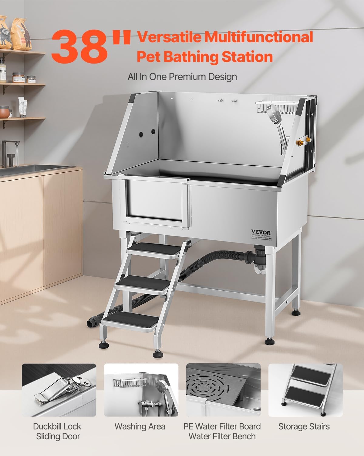 VEVOR Stainless Steel Dog Washing Station, 38 inch Pet Grooming Tub w/Storage Stairs, Faucet &