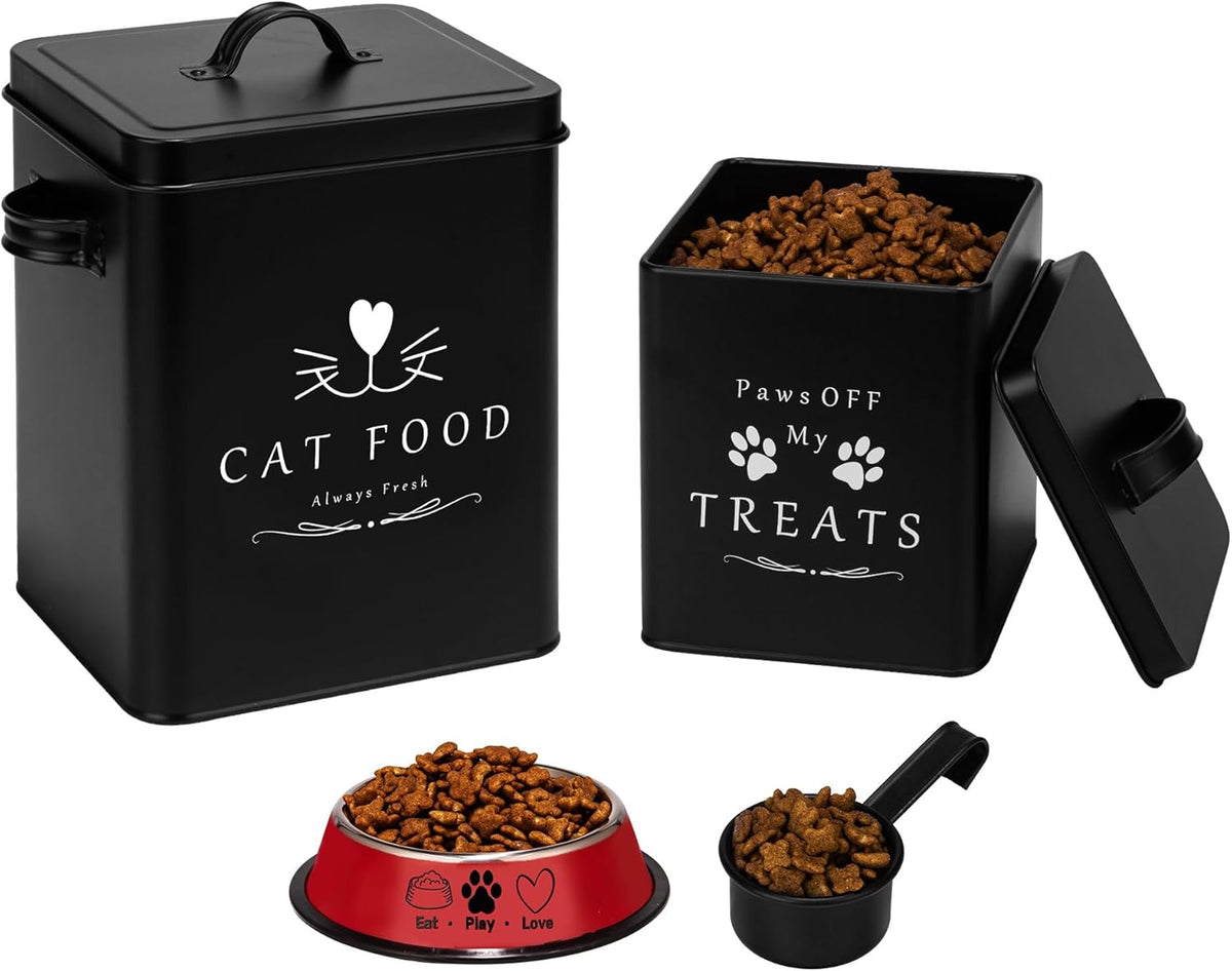Meraki Home Farmhouse Cat Food and Treats Containers + Feed Scoop + Pet Food Bowl - Tight Lids