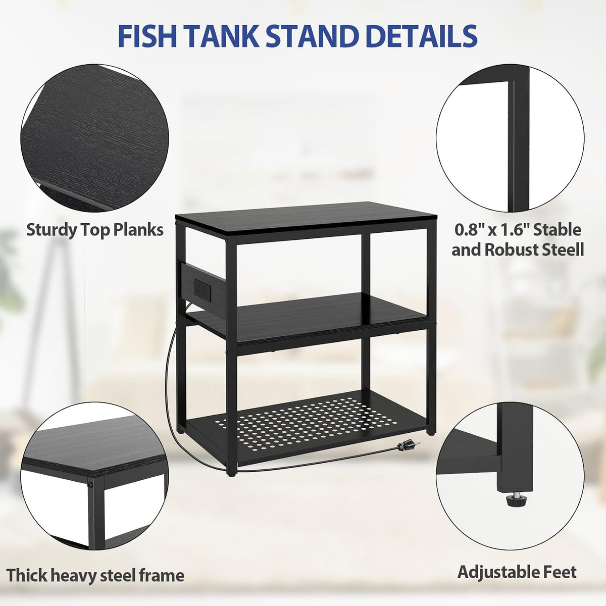20-29 Gallon Fish Tank Stand with Power Outlets, 3-Tier Metal Aquarium Stand, Breeder Reptile Tank