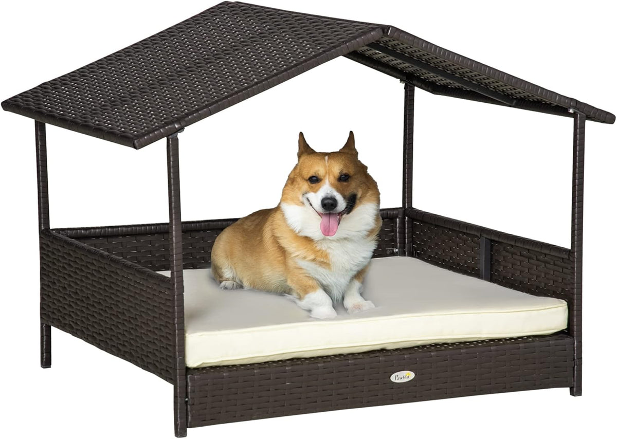 PawHut Wicker Dog House Outdoor with Canopy, Rattan Dog Bed with Water-Resistant Cushion, Raised