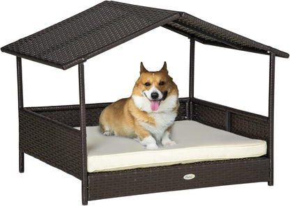PawHut Wicker Dog House Outdoor with Canopy, Rattan Dog Bed with Water-Resistant Cushion, Raised