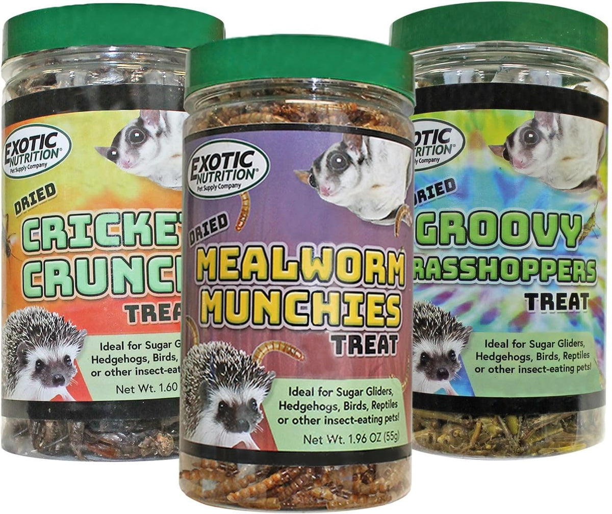 Exotic Nutrition Dried Insect 3 Pack - Crickets, Grasshoppers, Mealworms - for Sugar Gliders