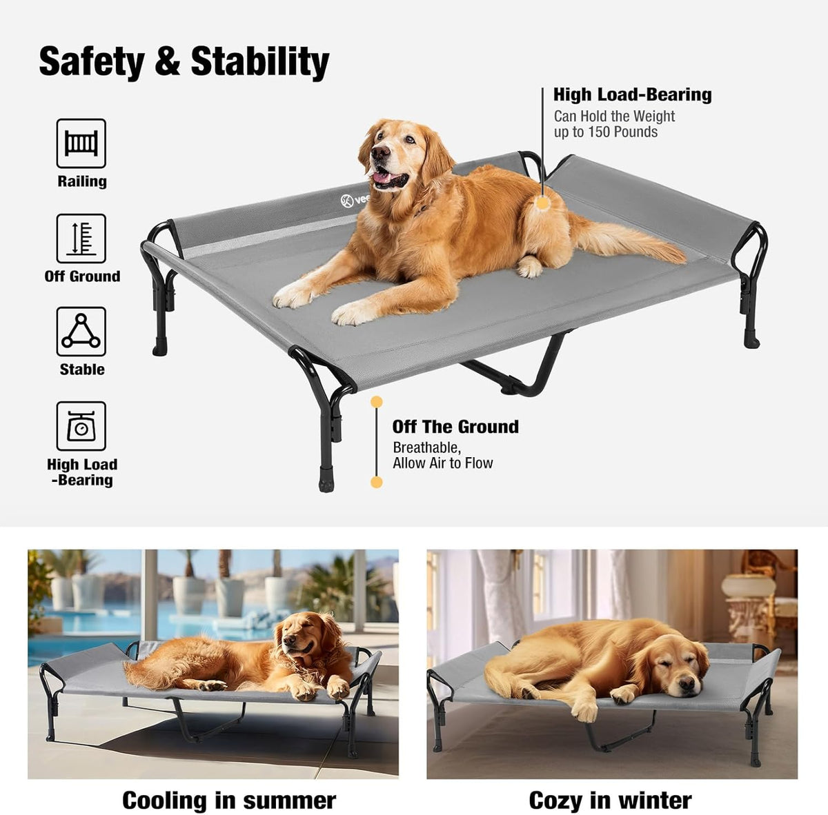Veehoo Cooling Elevated Dog Bed, XL Raised Pet Cot with Guardrail & Slope Headrest, Durable