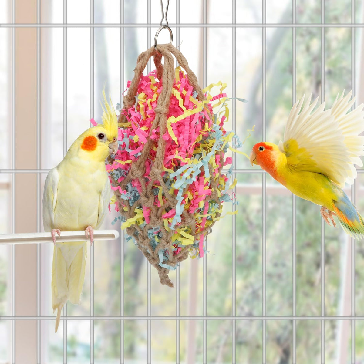 Bird Jute Paper Strips Parrot Mesh Bag Hanging Chewing Toy for Parakeet Cockatiel Conure Cockatoo