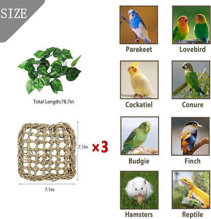BNOSDM Bird Seagrass Mat, 3 PCS 7.1 x 7.1 Inches Parrot Natural Seagrass Woven Bird Net Hammock