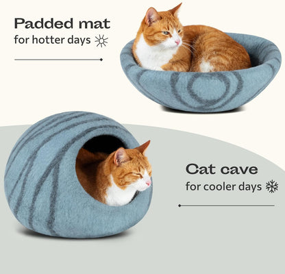 MEOWFIA Cat Cave – Premium Felt Cat Bed for Indoor Cats, Handmade 100% Merino Wool (Aquamarine