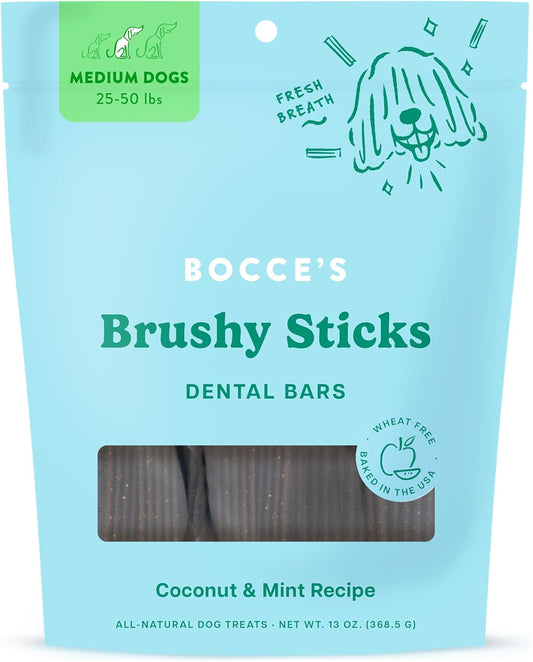 Bocce's Bakery Dailies Brushy Sticks to Support Oral Health & Fresh Breath, Wheat-Free Dental Bars