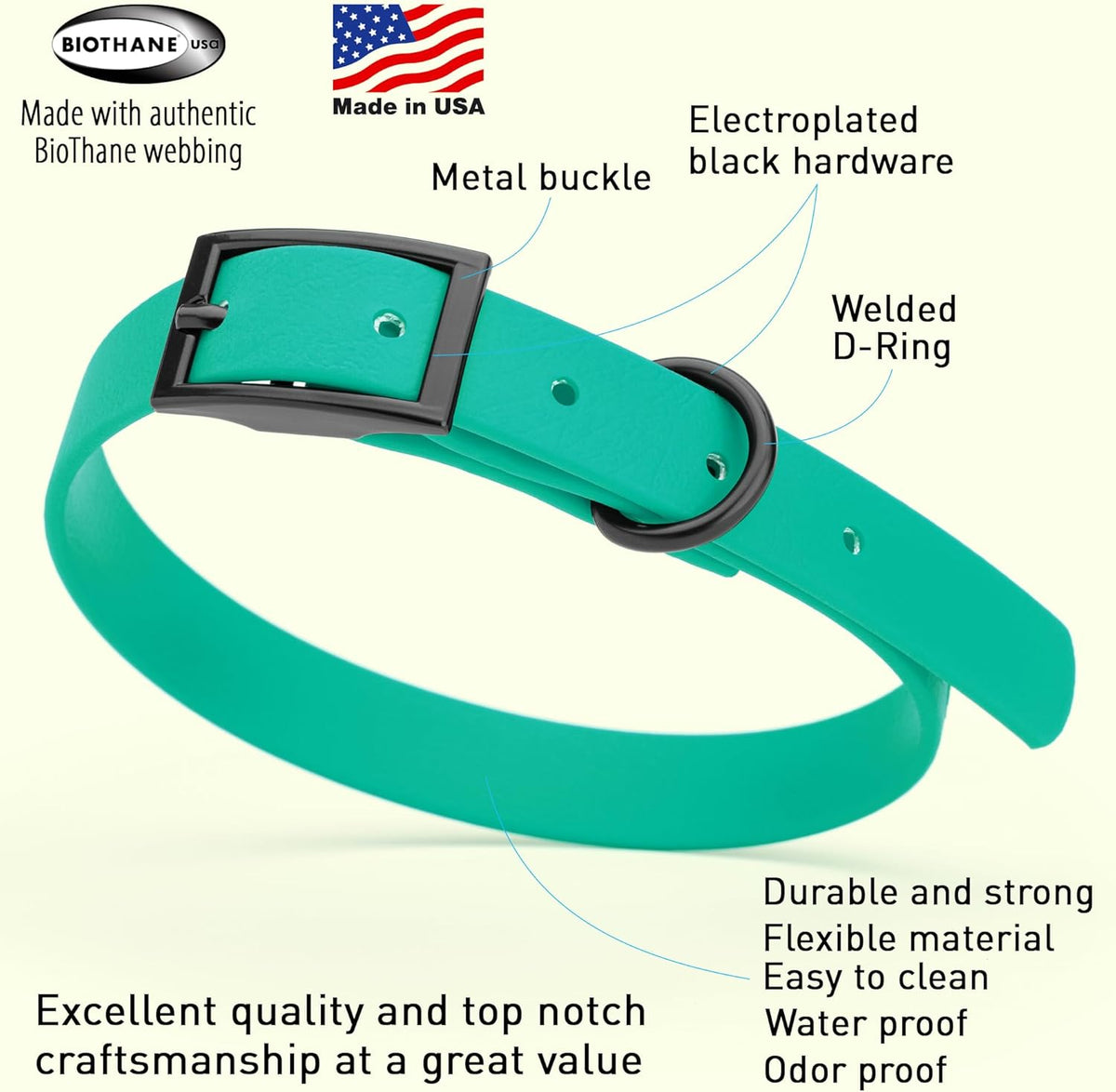 Dogline Biothane Waterproof Dog Collar Strong Coated Nylon Webbing with Black Hardware Odor- Proof