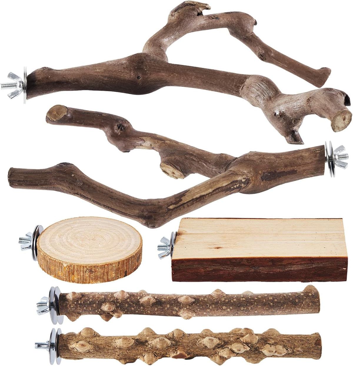 6-Piece Bird Perch Set - Natural Wood Grape Sticks, Paw Grinding Forks, Bird Stand & Toys for