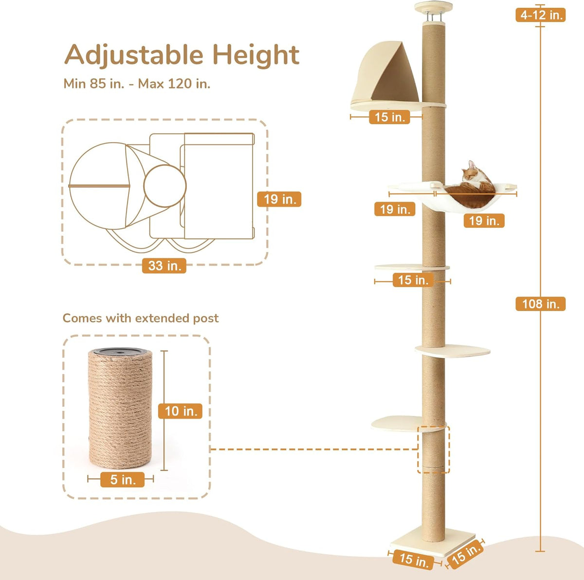 FUKUMARU Floor to Ceiling Cat Tree, 6 Level Adjustable Height (6-10 ft) Climbing Tower with