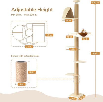 FUKUMARU Floor to Ceiling Cat Tree, 6 Level Adjustable Height (6-10 ft) Climbing Tower with