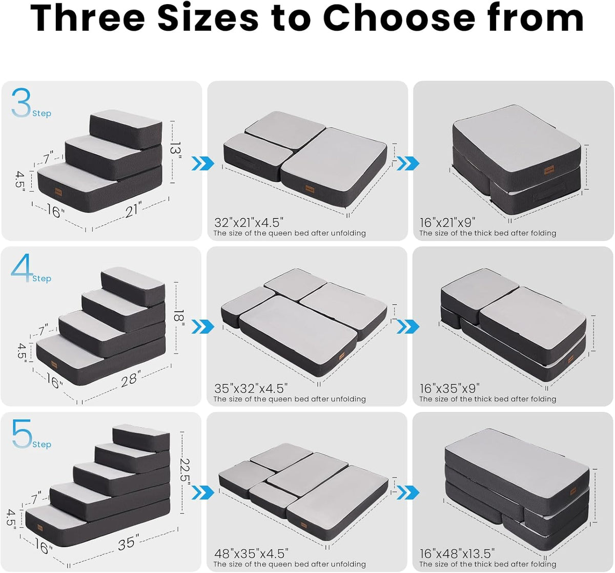 3-Step Adjustable Dog Stairs for Sofa and Couch, Dog Steps for Small Dogs and Cats, Foldable Pet