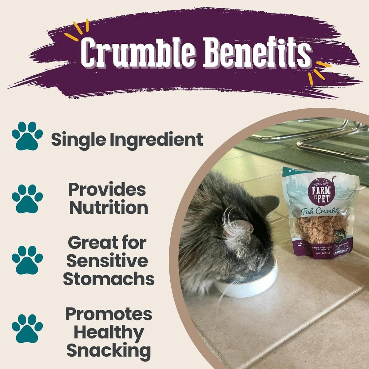 Farm To Pet - Cat Treat Crumbles - 3 oz Single Ingredient Fish Treat and Snacks - Healthy for
