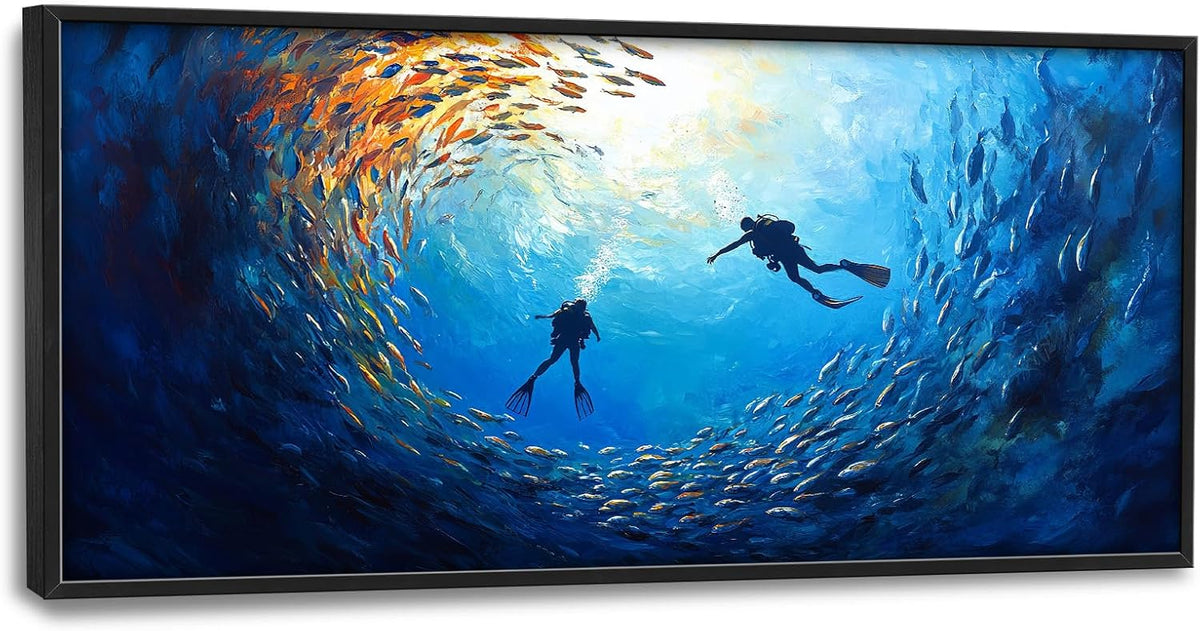 Large Ocean Diving Wall Art for Living Room, Framed Oversized Fish Wall Decor Underwater Marine