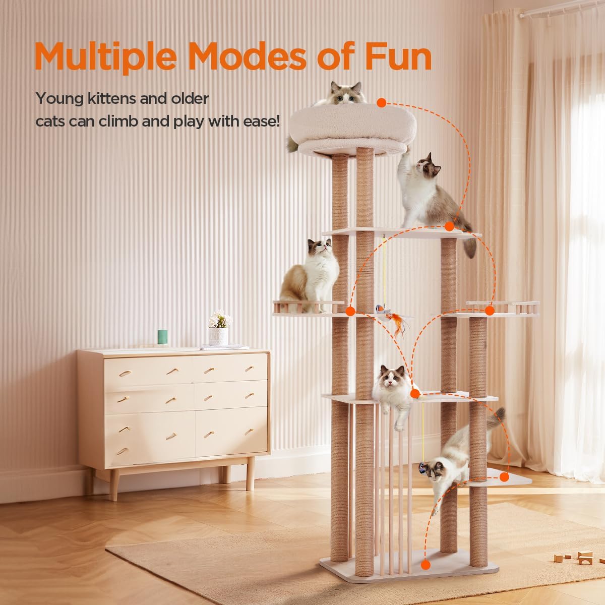 68" Large Cat Tree, Solid Wood Multi-Level Cat Tower with Scratching Posts, Fun Toys, and Washable
