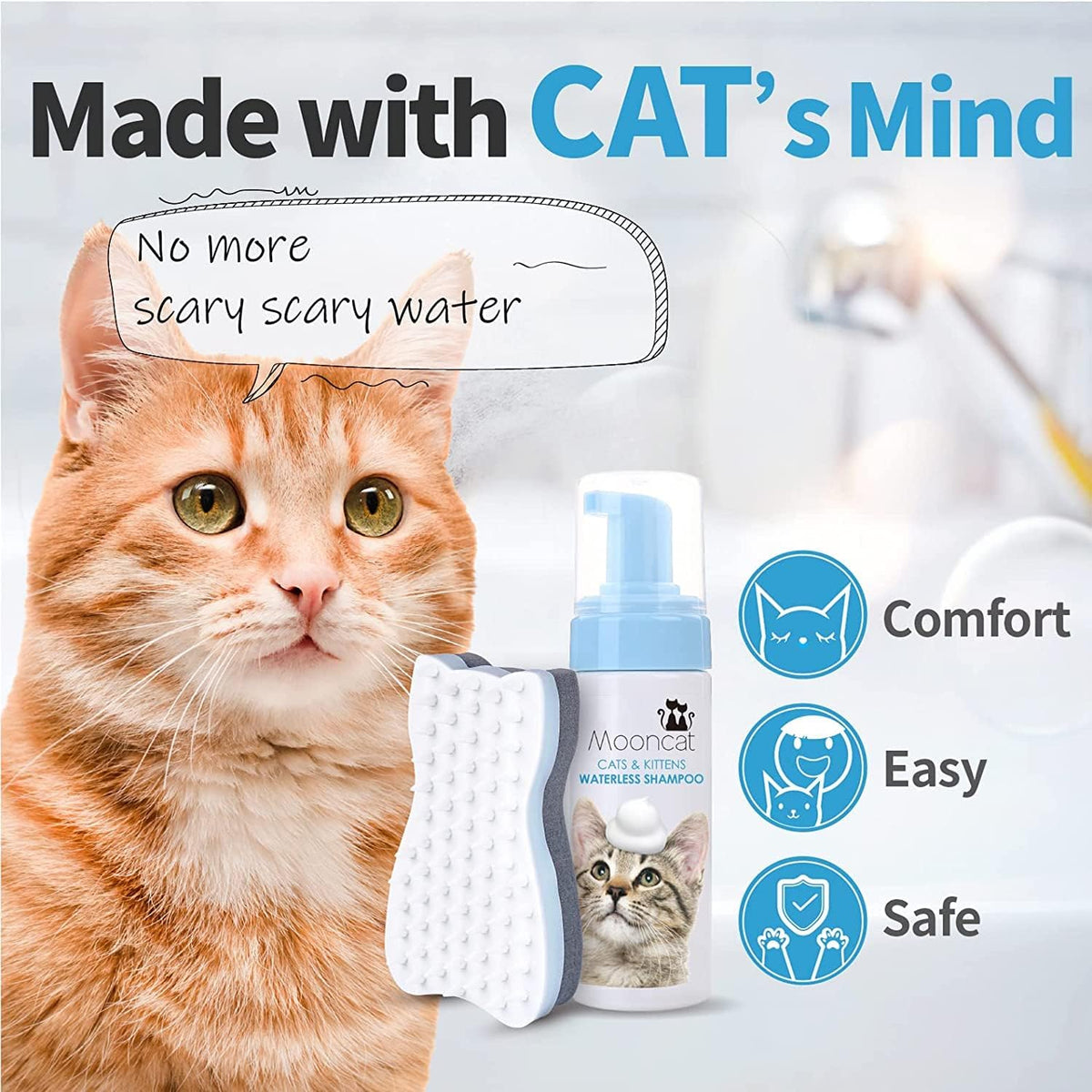 Mooncat Waterless Cat Shampoo+Cat Brush, Licking Safe Dry Shampoo for Cats, No Rinse Foam Cat Bath