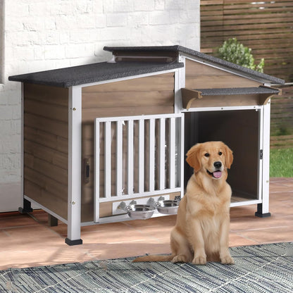 Chew-Resistant Dog House with Metal Frame, Wooden Kennel for Indoor & Outdoor Use, Waterproof Roof