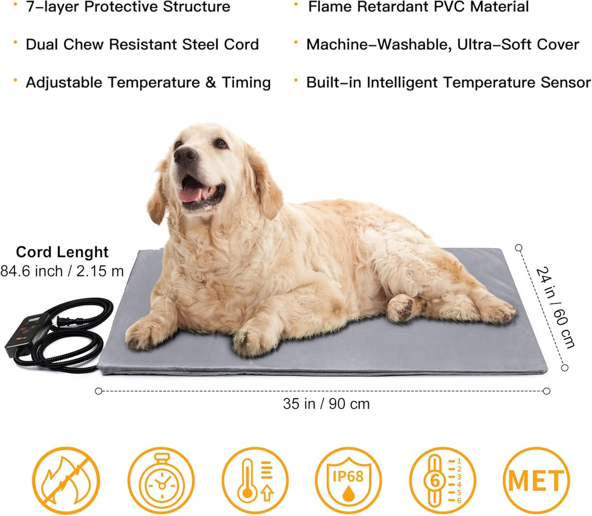 Toozey Large Heated Pet Mat 35x24 in - Waterproof, Chew Resistant, 6 Temp Settings with Timer