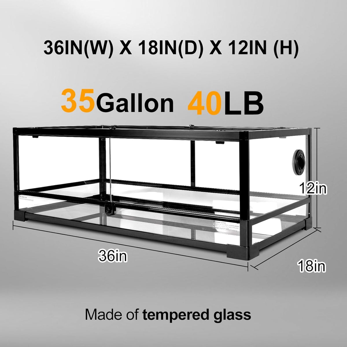 Tempered Glass Reptile Tank, 36" x 18"x 12" Front Opening Terrarium with Top Screen Ventilation &
