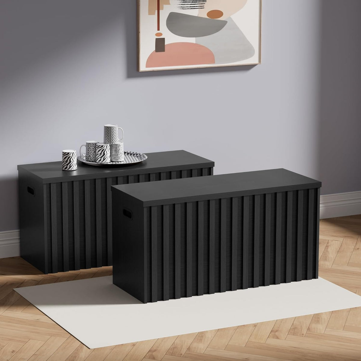 UEV Black Storage Bench Set of 2, 39.4" Fluted Wood Storage Trunk with 2 Safety Hinges, Sturdy