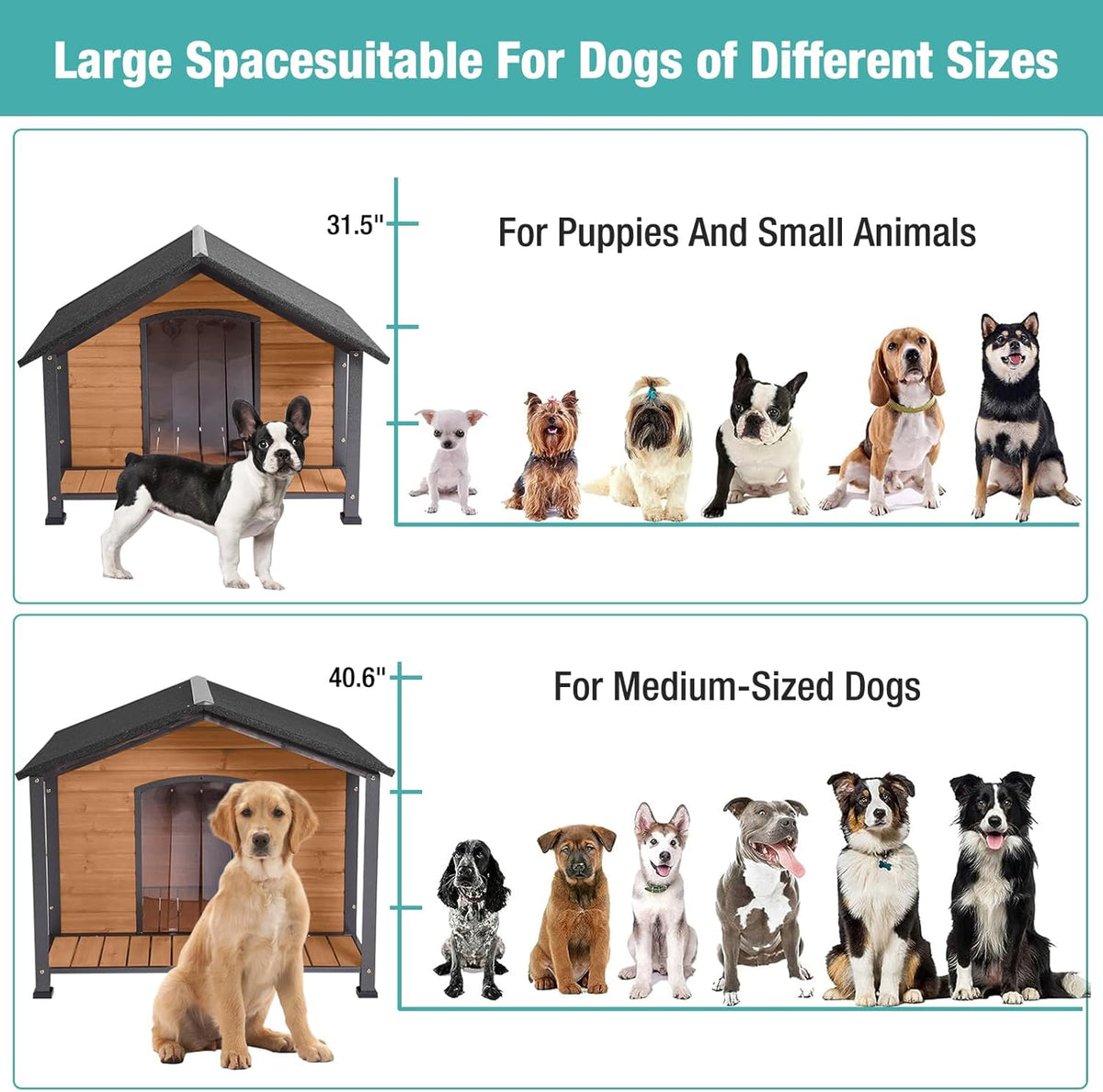 Outdoor Dog House,Weatherproof Wooden Dog Shelter for Small to Medium Sized Dogs,Iron Frame Indoor
