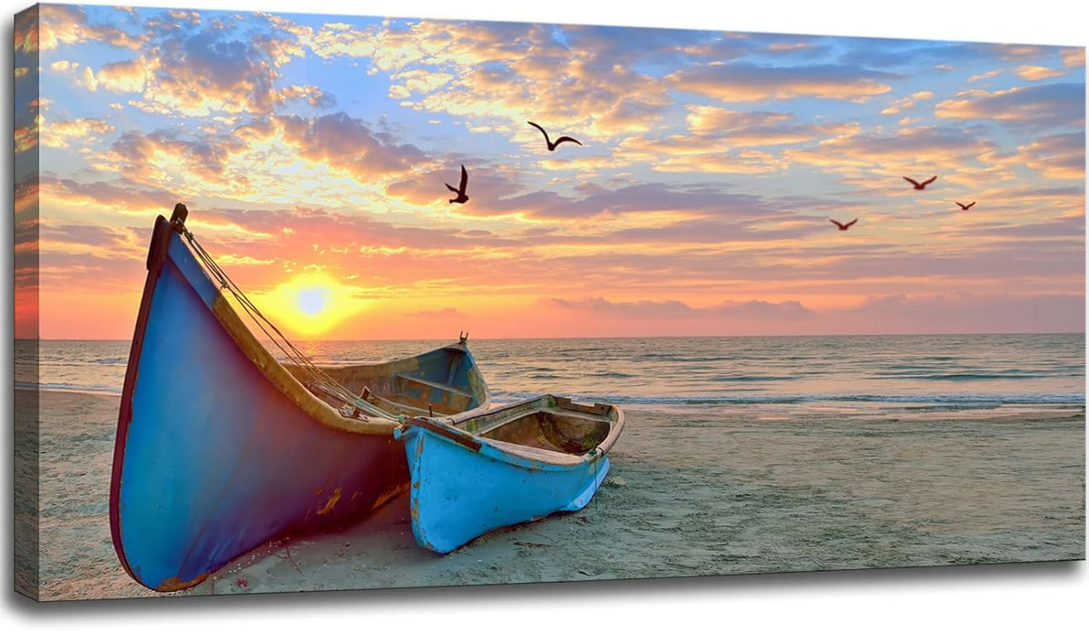 Ocean Sunset Canvas Wall Art for Living Room Sail Boat Framed Artwork Seascape Painting Coastal