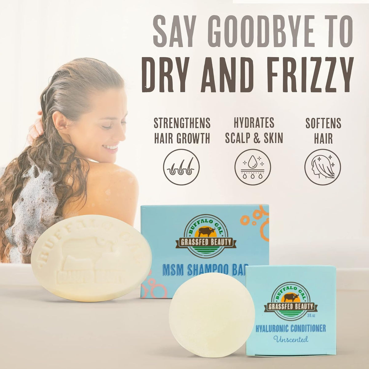 Grassfed Beauty - MSM Shampoo Bar + Hyaluronic Hair Conditioner Bar, Solid Bar Shampoo and
