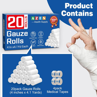 AZEN 20 Pack Gauze Rolls Bandages, 4 in x 4.1 Yards, Premium Medical Supplies & First Aid Supplies